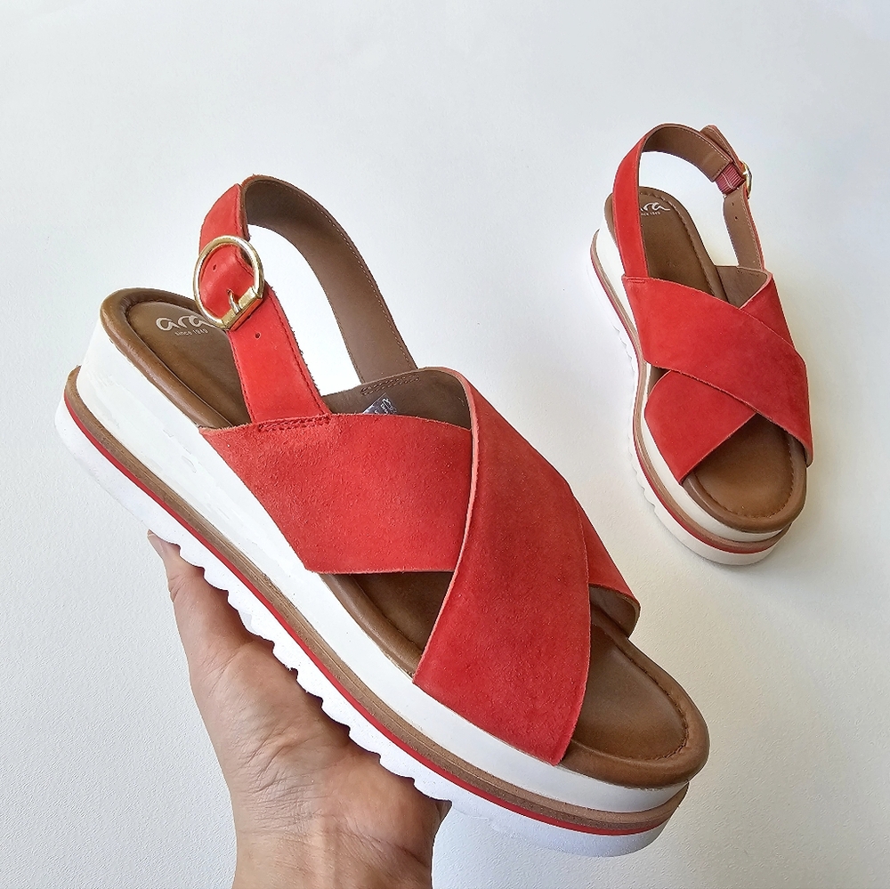 ARA Coral Red Suede Slingback Platform Comfort Sandals Size 7.5 NWOT Germany